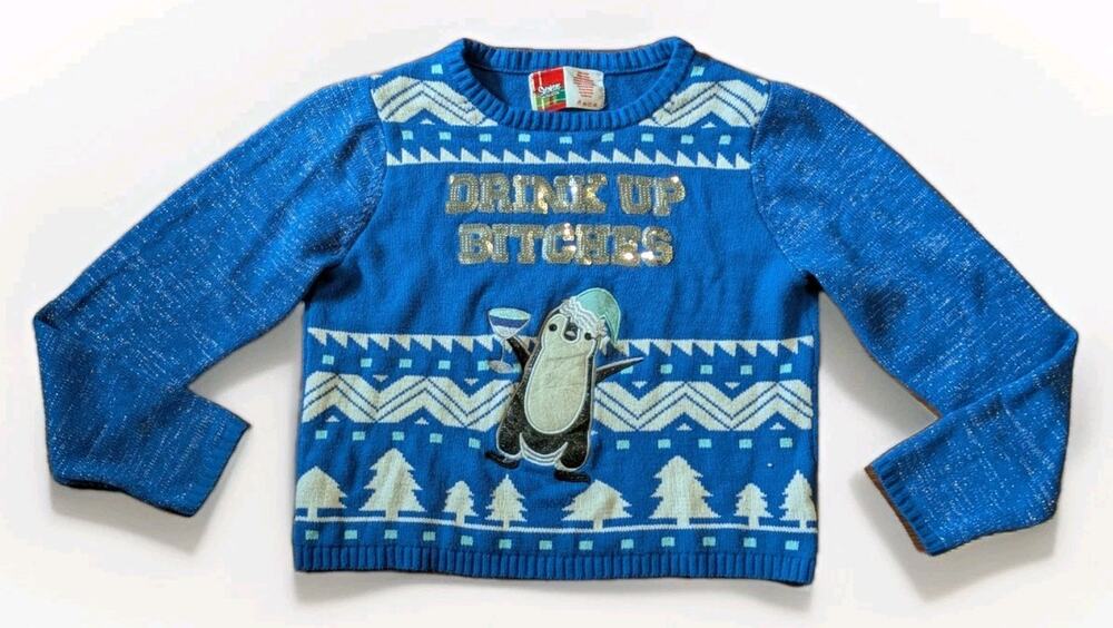 Spencer’s Ugly Christmas Sweater Drink Up B*tches Penguin Funny Holiday Blue